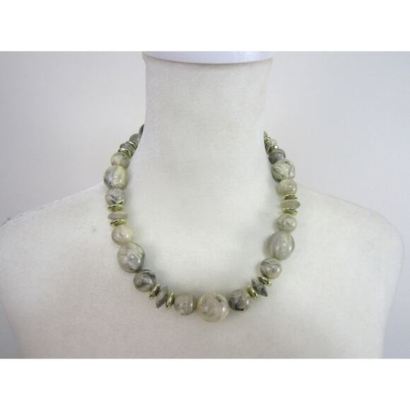 Gray/Cream Marble Round Gemstone Beaded Gold Tone Spacer Necklace Long 16.5" - Picture 1 of 6